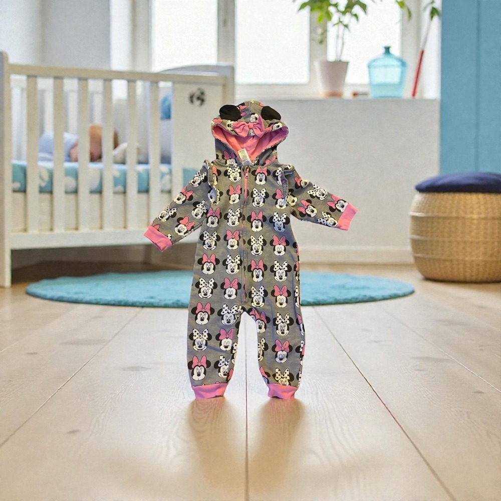 Disney Minnie Mouse Baby Girls Hooded Pajama Romper Jumpsuit Size 24‎ Months